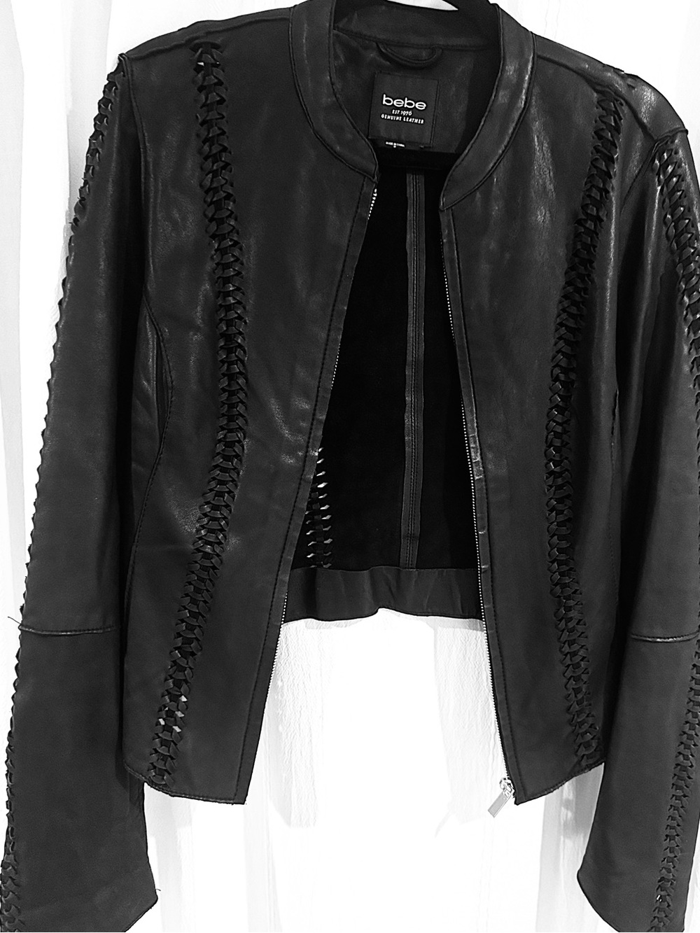 Vintage Y2K Bebe Genuine Leather Braided Jacket Black M - Picture 7 of 7